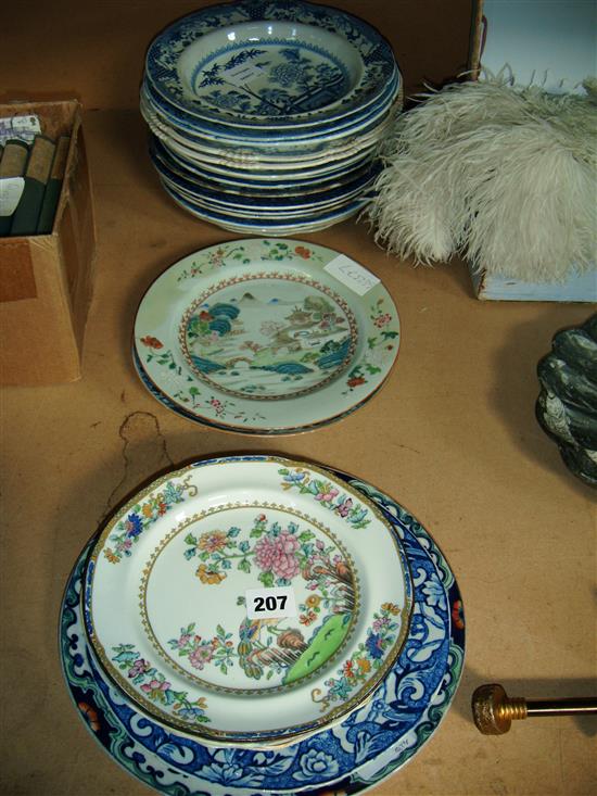 Collection of blue and white pottery plates and 5 other pottery plates and 3 Chinese export plates